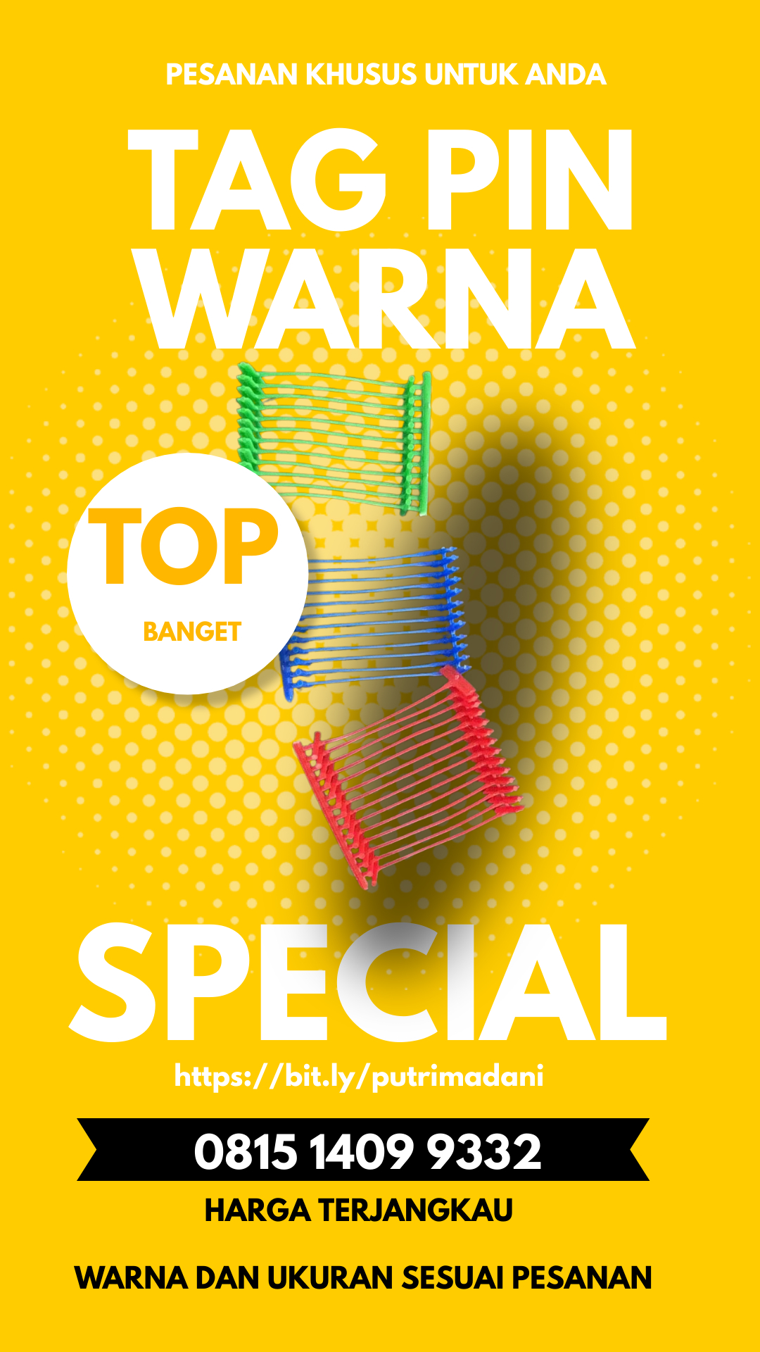 Tag pin aneka warna dan aneka ukuran sesuai pesanan